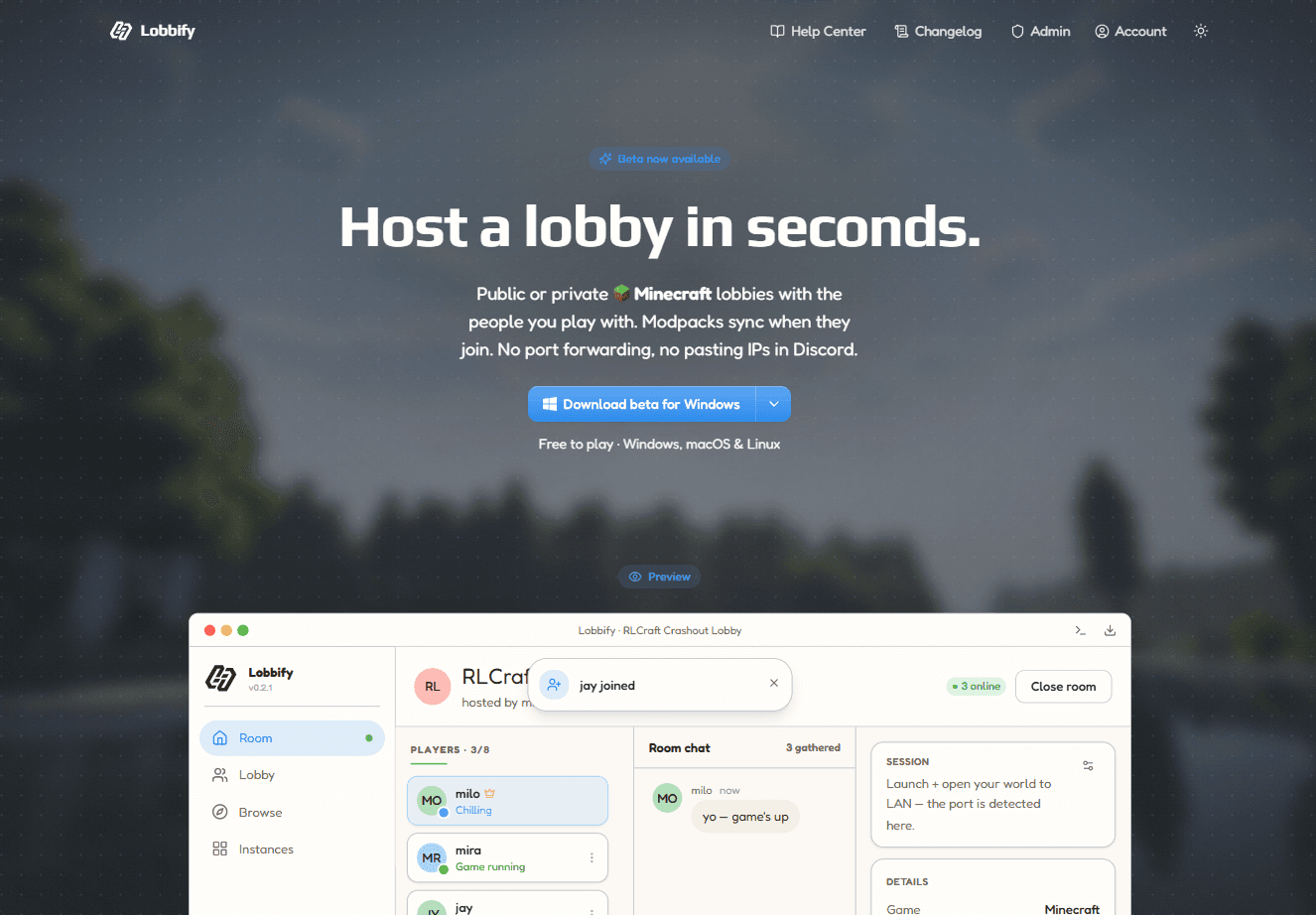 The Lobbify site: “Host a lobby in seconds”, above the desktop client.
